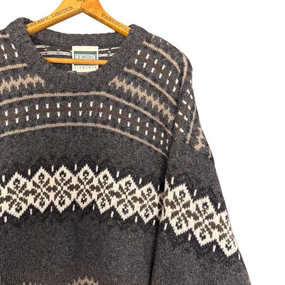 Vintage Wool Blend Grandpa Sweater Gray Fair-isle Knit Cabincore Nordic Chunky - Picture 3 of 9